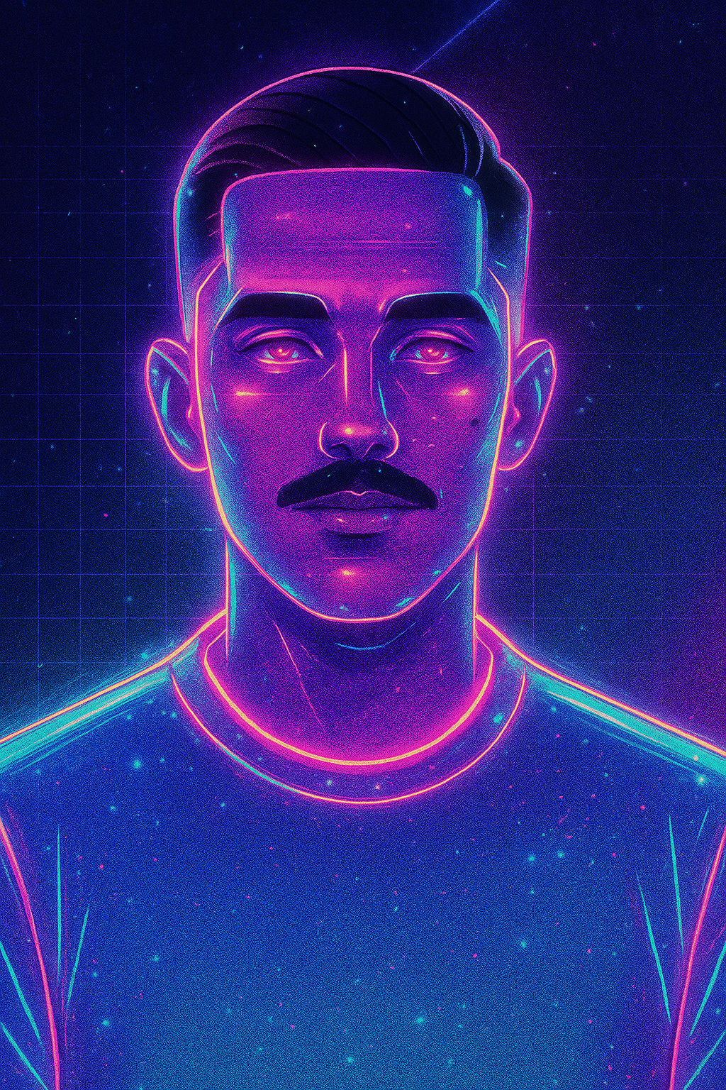 Foto de LucasMatraia Cyberpunk boca fechada bigode,fundo roxo.